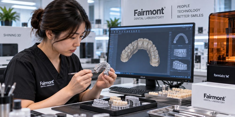 Dental technician verifying a printed model against the matching digital design