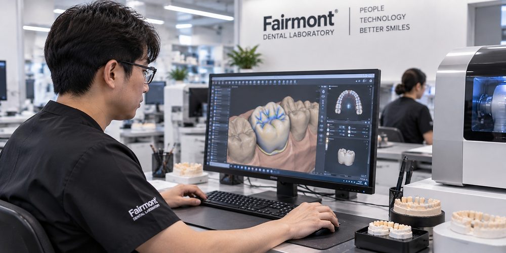 Crown design on a CAD screen in a dental laboratory