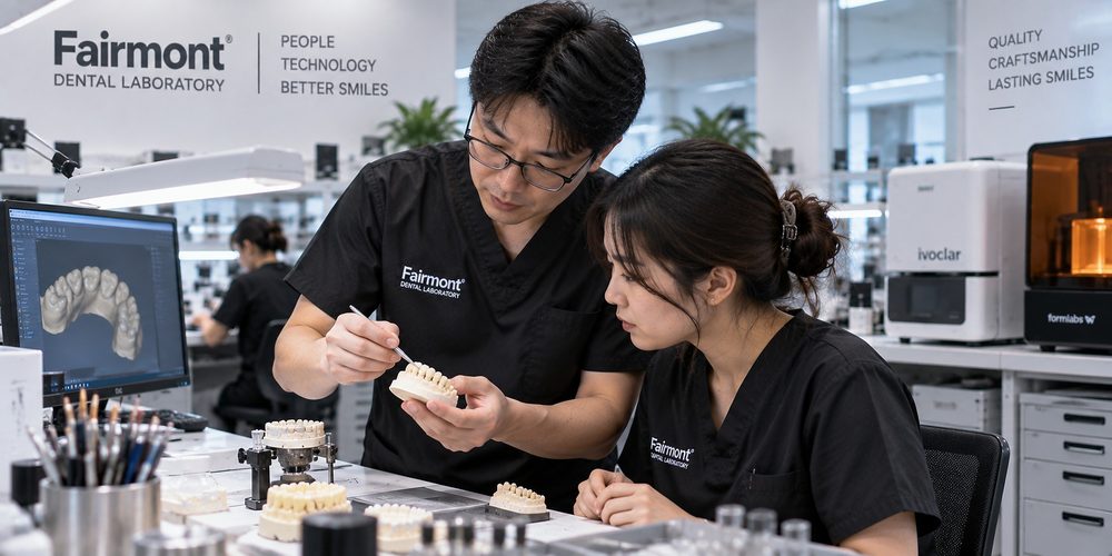 Dental technician working with a colleague at a laboratory bench