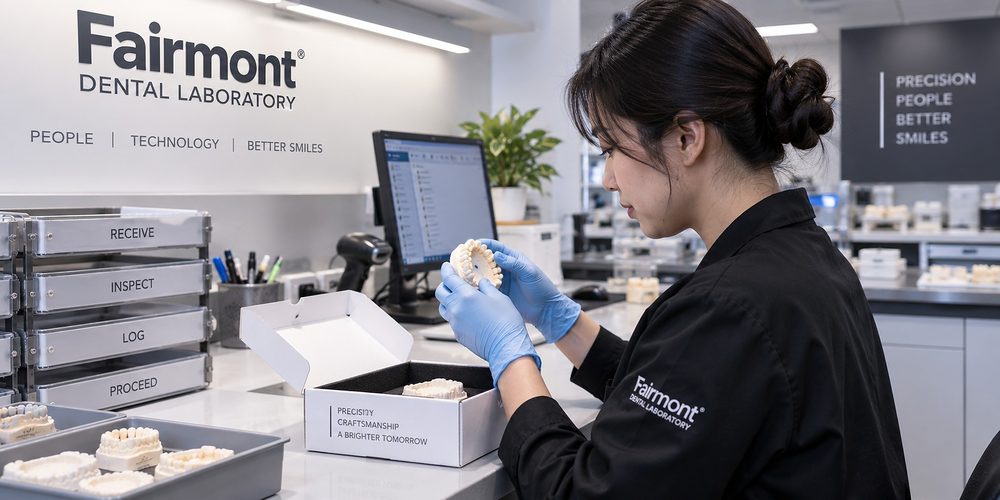 Incoming dental cases being inspected at a laboratory reception bench