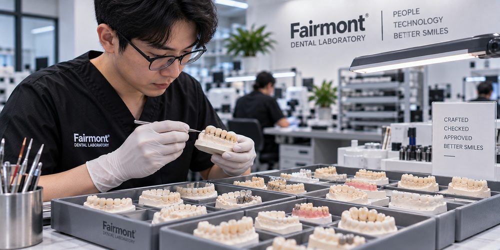 Finished dental restorations on a tray before final inspection