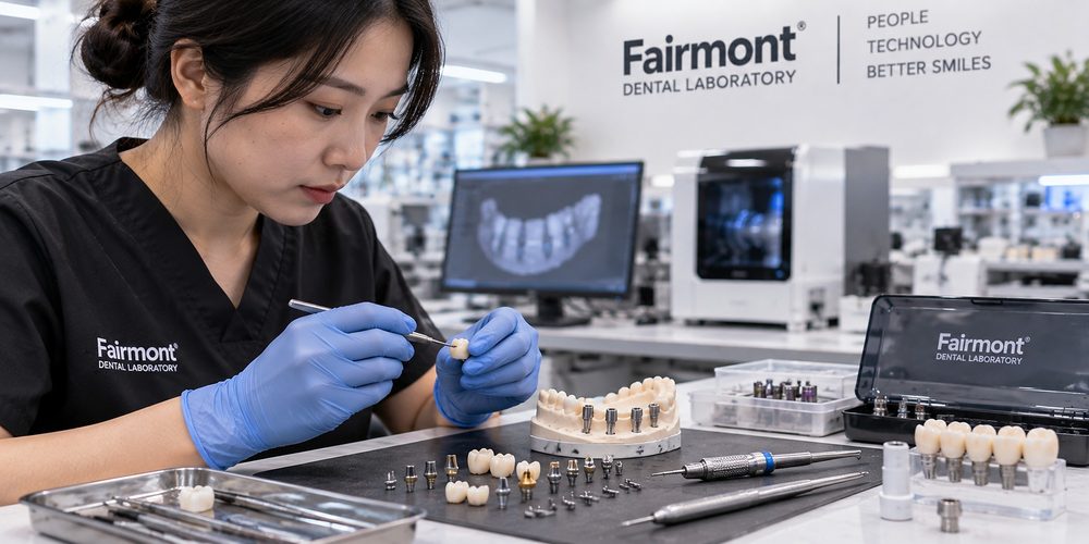 Implant restorative components laid out beside a working model