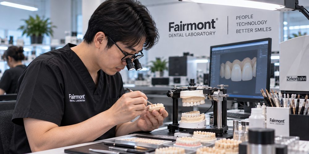 Dental technician refining a restoration under magnification