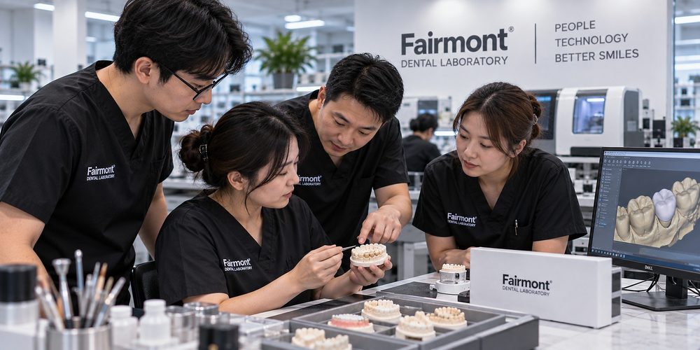 Dental technicians reviewing a case together at a laboratory bench
