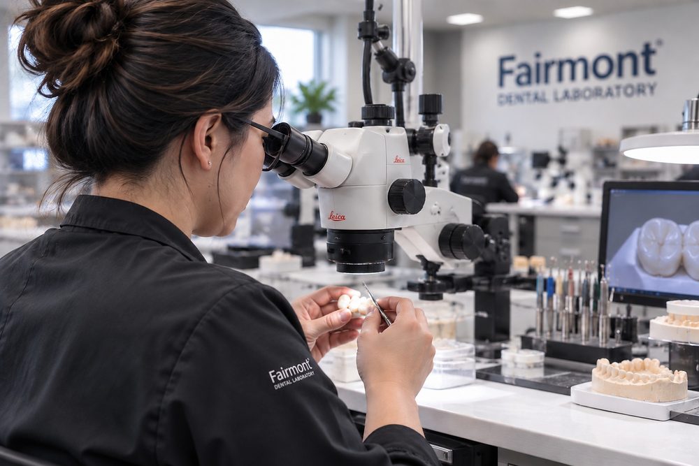 Dental technician inspecting a restoration under a microscope